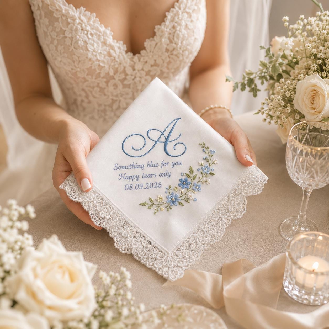 Embroidered Something Blue Wedding Handkerchief with Personalised Bride Hankie and Happy Tears Wedding Keepsake Bridal Gifts - photo 3