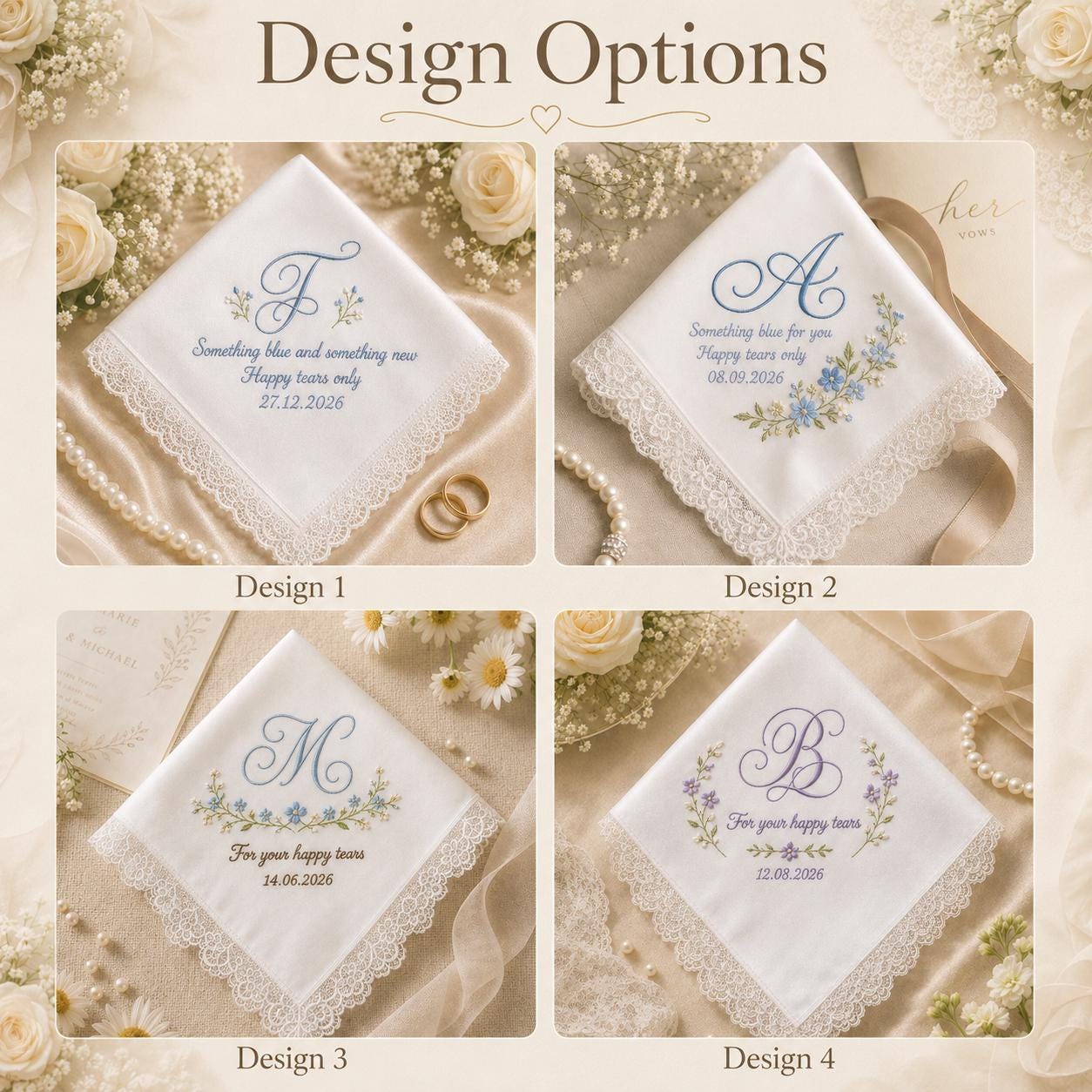 Embroidered Something Blue Wedding Handkerchief with Personalised Bride Hankie and Happy Tears Wedding Keepsake Bridal Gifts - photo 4