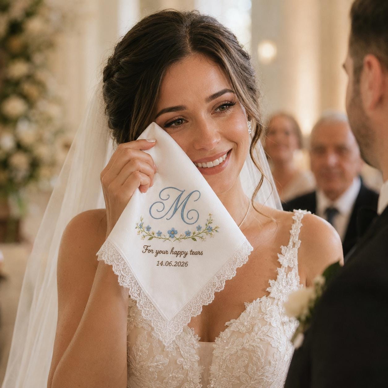 Embroidered Something Blue Wedding Handkerchief with Personalised Bride Hankie and Happy Tears Wedding Keepsake Bridal Gifts - photo 9