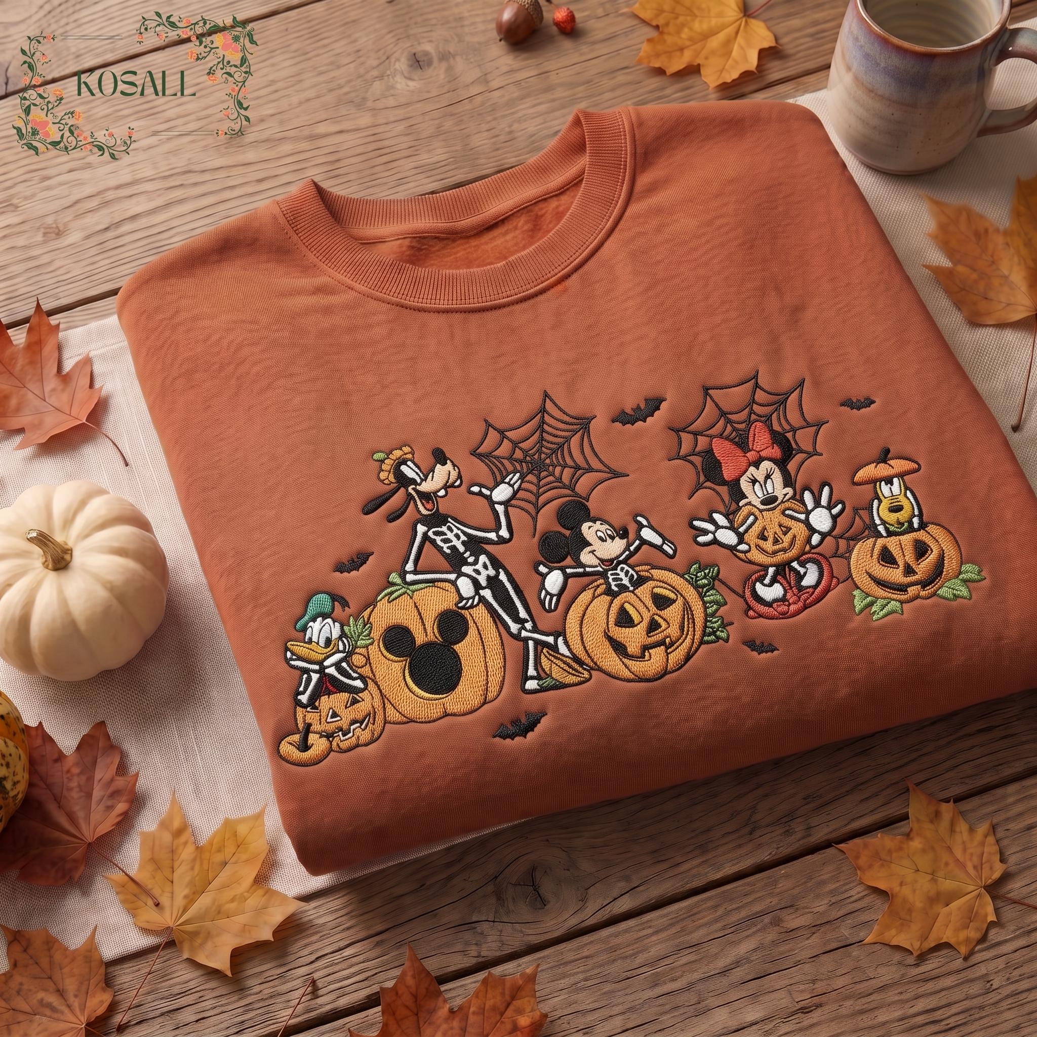 Embroidered Mickey and Friends Pumpkin Sweatshirt with Disneyland Fall Vibes – Disney Family Autumn Halloween Trip Tee Shirt