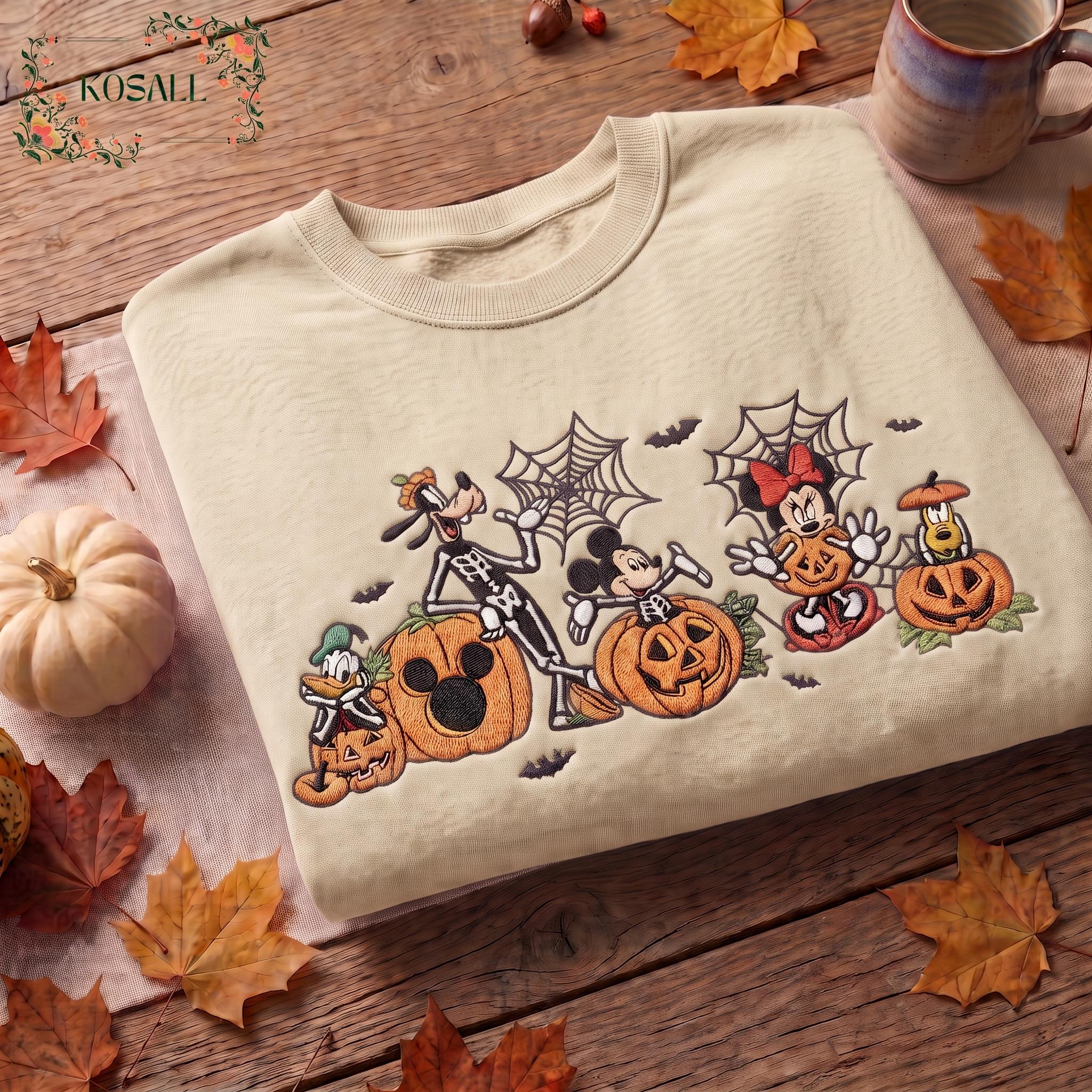 Embroidered Mickey and Friends Pumpkin Sweatshirt with Disneyland Fall Vibes – Disney Family Autumn Halloween Trip Tee Shirt - photo 3