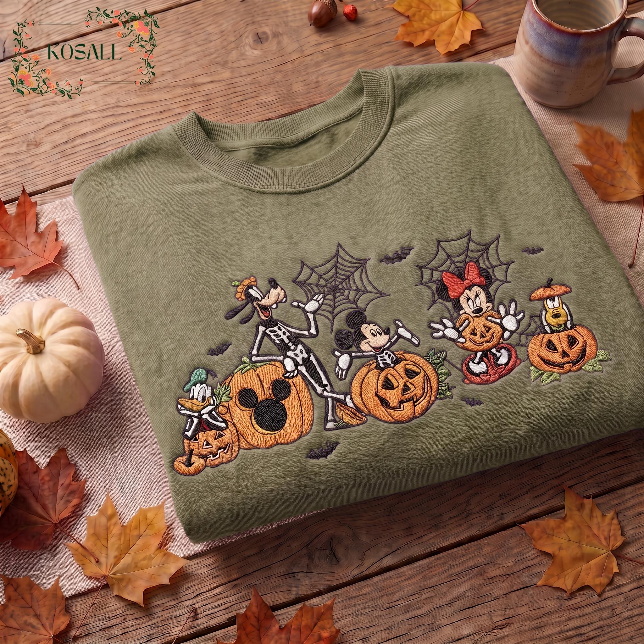 Embroidered Mickey and Friends Pumpkin Sweatshirt with Disneyland Fall Vibes – Disney Family Autumn Halloween Trip Tee Shirt - photo 4