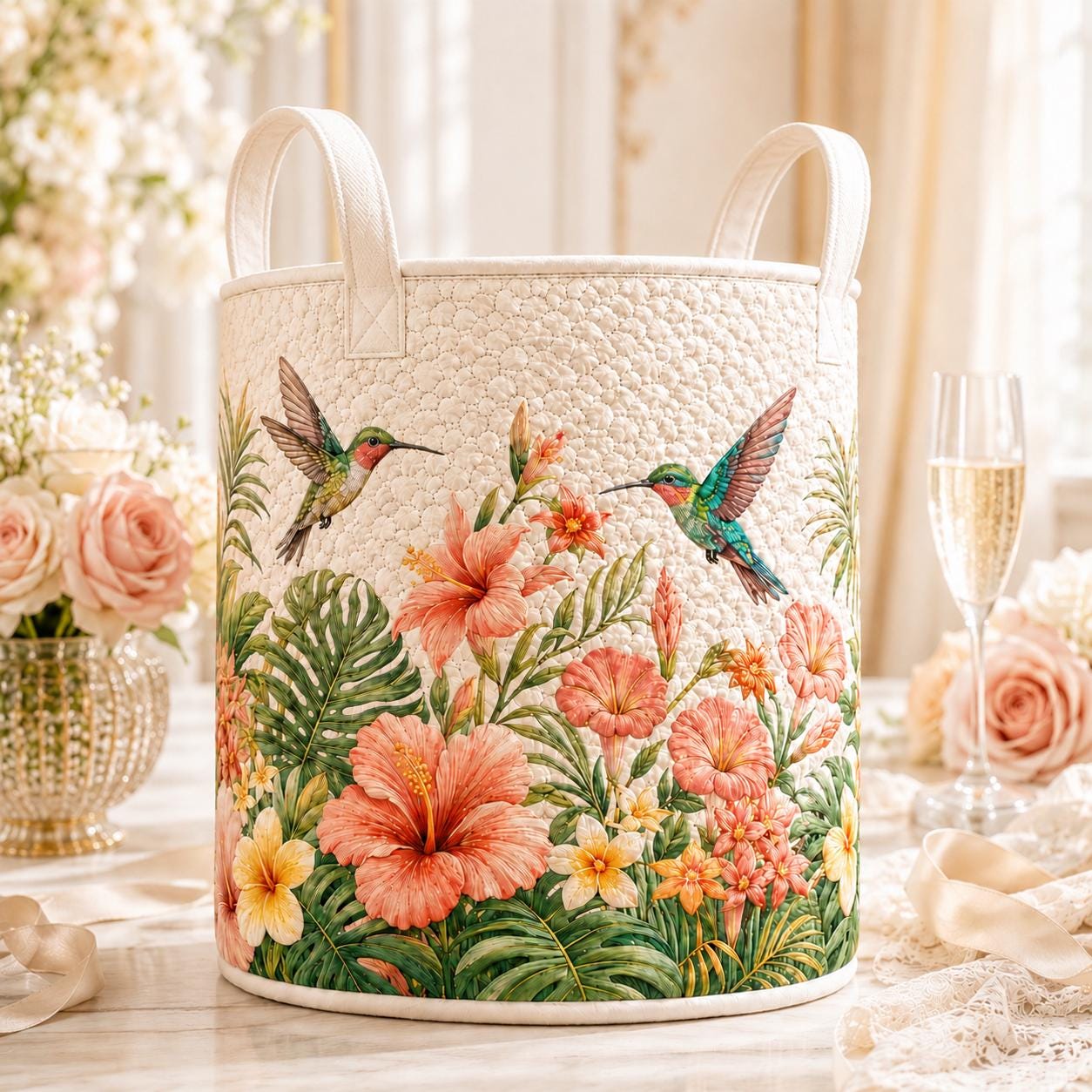 Hummingbird Floral Quilted Style Laundry Basket, Bedroom Organizer, Nursery Storage Bin and Boho Hamper