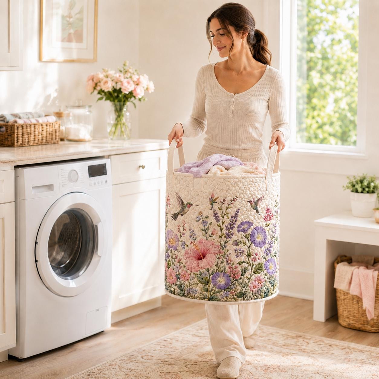 Hummingbird Floral Quilted Style Laundry Basket, Bedroom Organizer, Nursery Storage Bin and Boho Hamper - photo 2