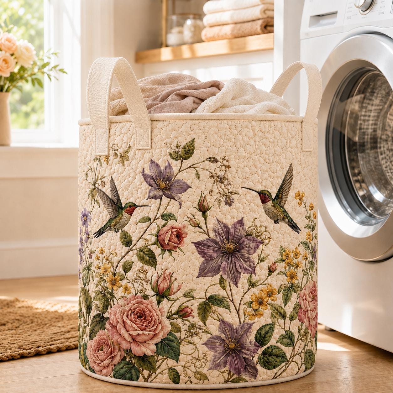 Hummingbird Floral Quilted Style Laundry Basket, Bedroom Organizer, Nursery Storage Bin and Boho Hamper - photo 3