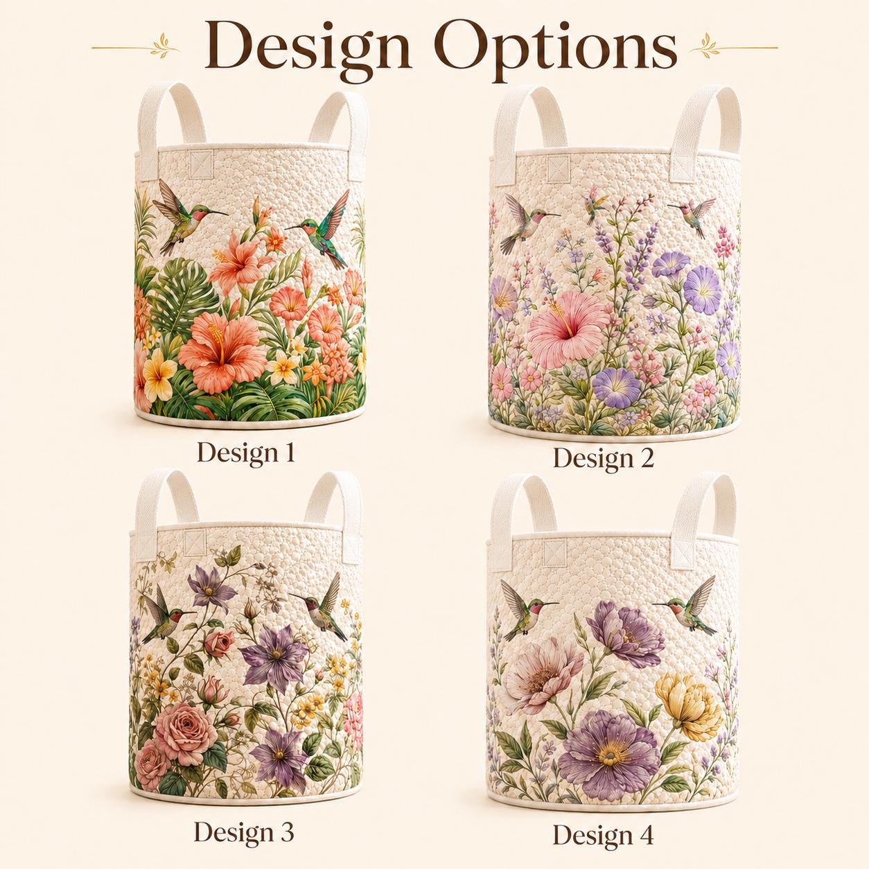 Hummingbird Floral Quilted Style Laundry Basket, Bedroom Organizer, Nursery Storage Bin and Boho Hamper - photo 4