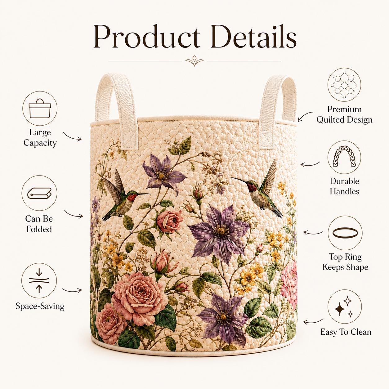 Hummingbird Floral Quilted Style Laundry Basket, Bedroom Organizer, Nursery Storage Bin and Boho Hamper - photo 5
