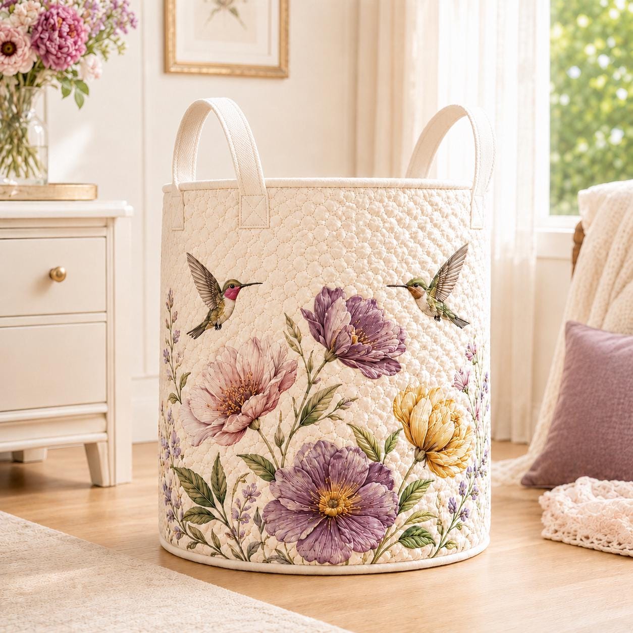 Hummingbird Floral Quilted Style Laundry Basket, Bedroom Organizer, Nursery Storage Bin and Boho Hamper - photo 7