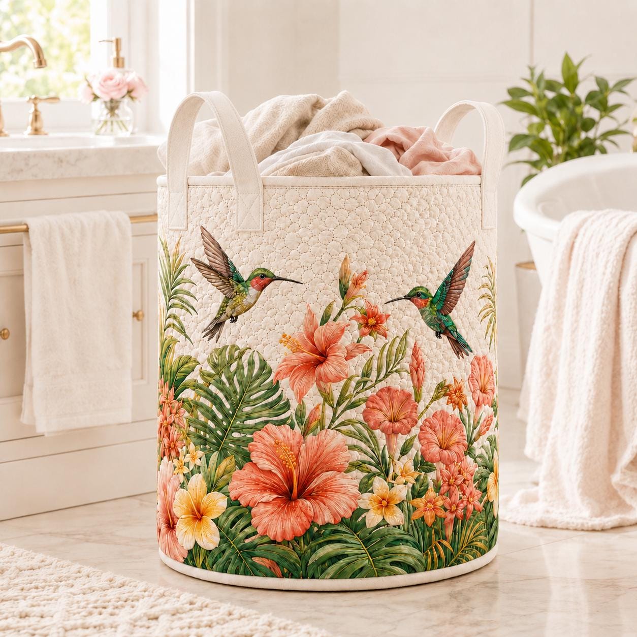 Hummingbird Floral Quilted Style Laundry Basket, Bedroom Organizer, Nursery Storage Bin and Boho Hamper - photo 8