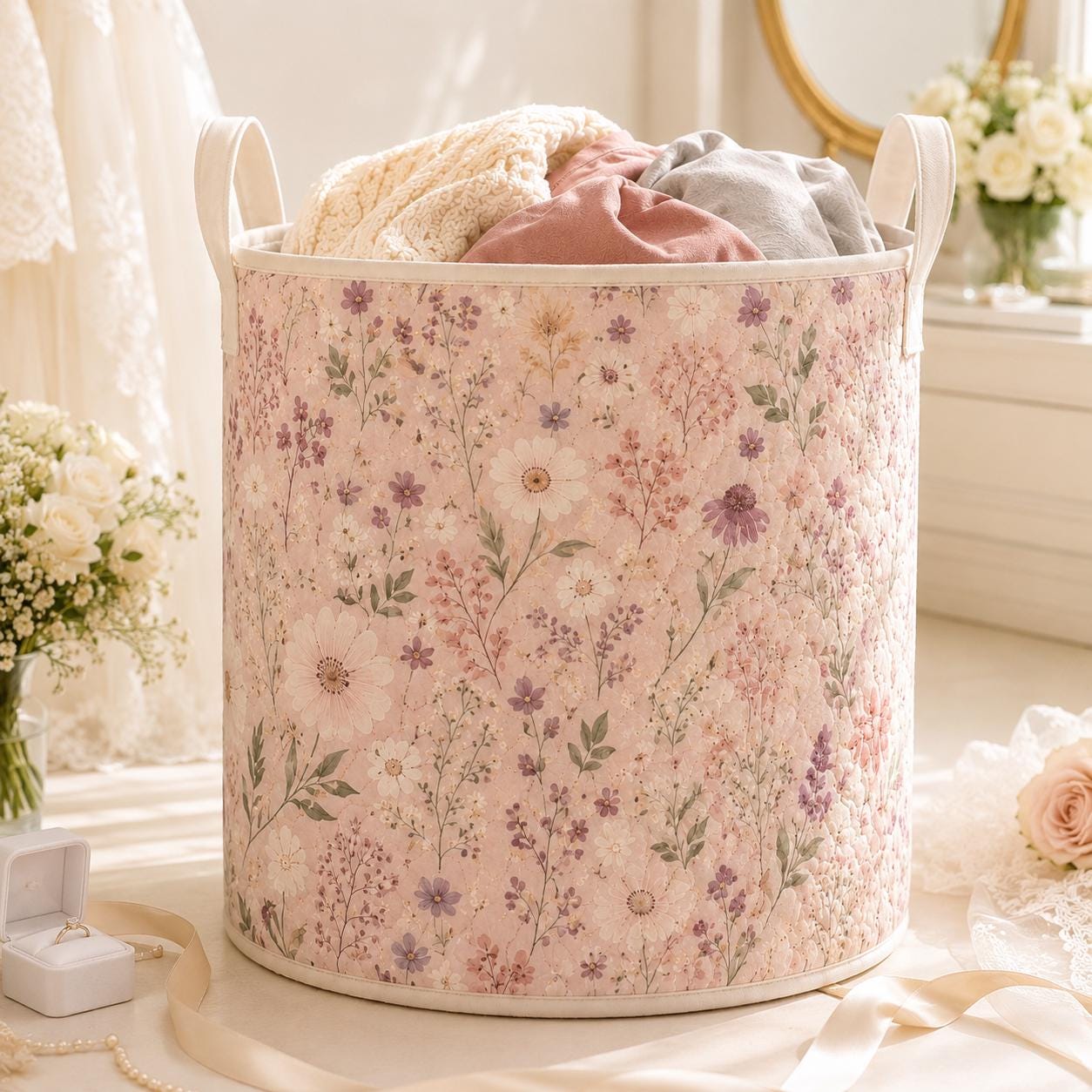 Quilted Styleed Floral Laundry Basket And Wildflower Hamper – Cottagecore Rustic Botanical Organizer For Bedroom