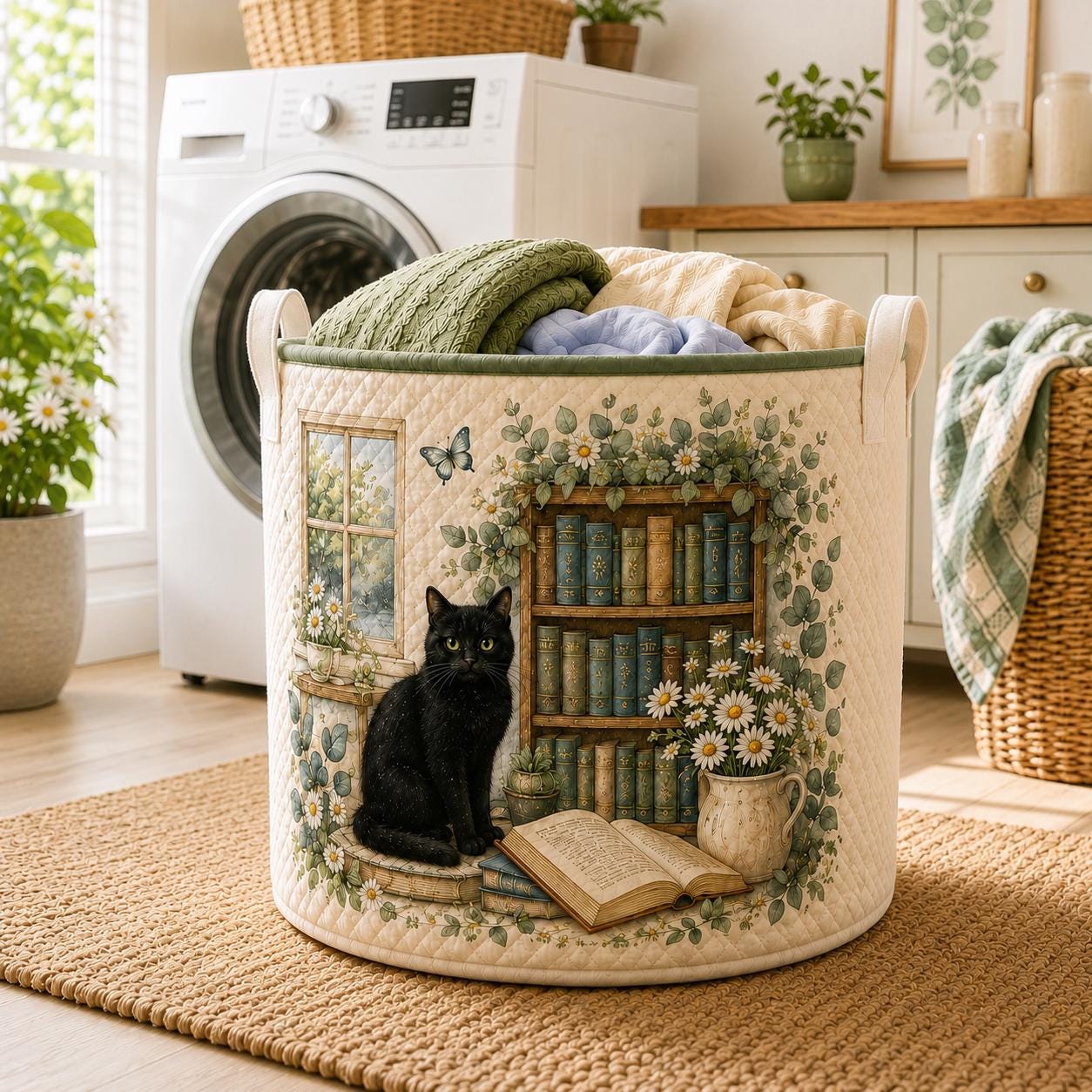 Cat Library Quilted Style Floral Laundry Basket And Storage Bin – Book Lover And Bookish Gifts For Reading Room