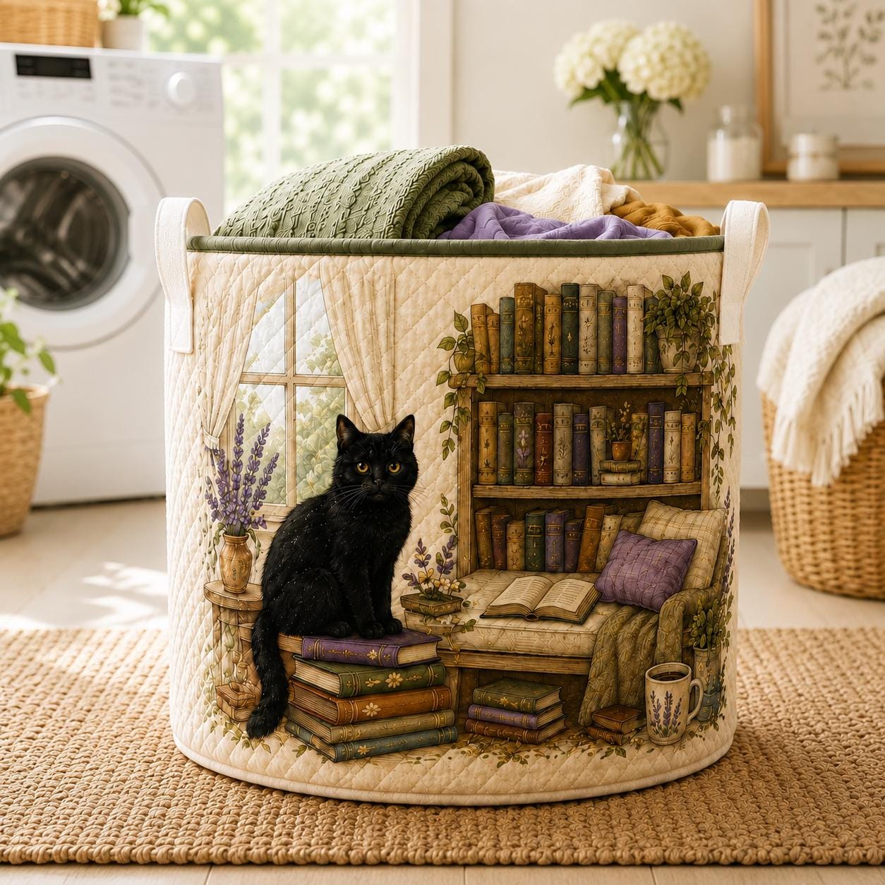 Cat Library Quilted Style Floral Laundry Basket And Storage Bin – Book Lover And Bookish Gifts For Reading Room - photo 2