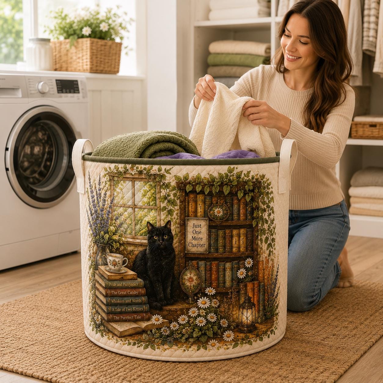 Cat Library Quilted Style Floral Laundry Basket And Storage Bin – Book Lover And Bookish Gifts For Reading Room - photo 3