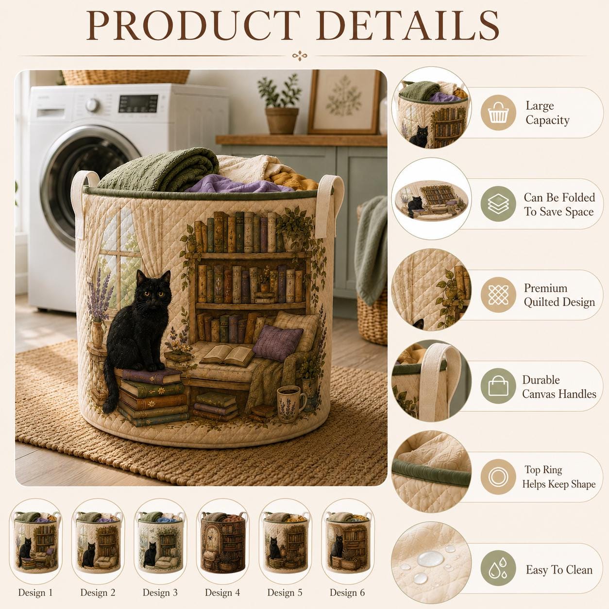 Cat Library Quilted Style Floral Laundry Basket And Storage Bin – Book Lover And Bookish Gifts For Reading Room - photo 6