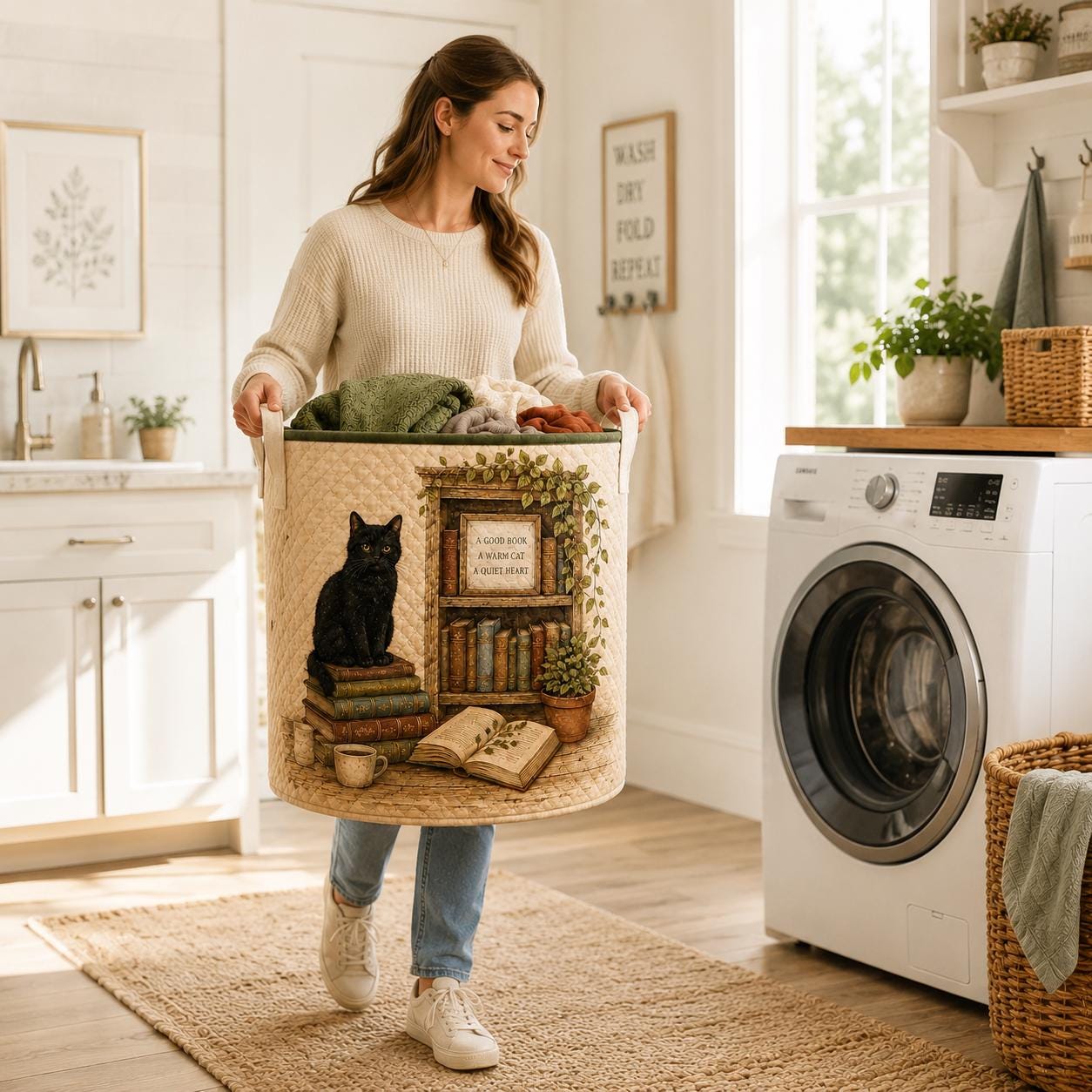Cat Library Quilted Style Floral Laundry Basket And Storage Bin – Book Lover And Bookish Gifts For Reading Room - photo 7