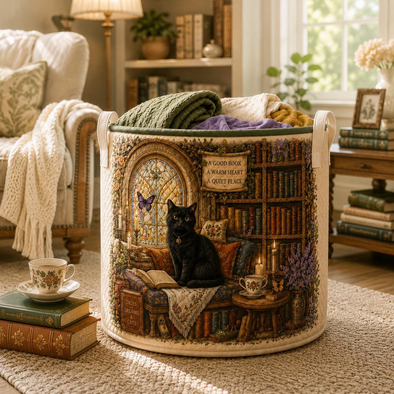 Cat Library Quilted Style Floral Laundry Basket And Storage Bin – Book Lover And Bookish Gifts For Reading Room - photo 8