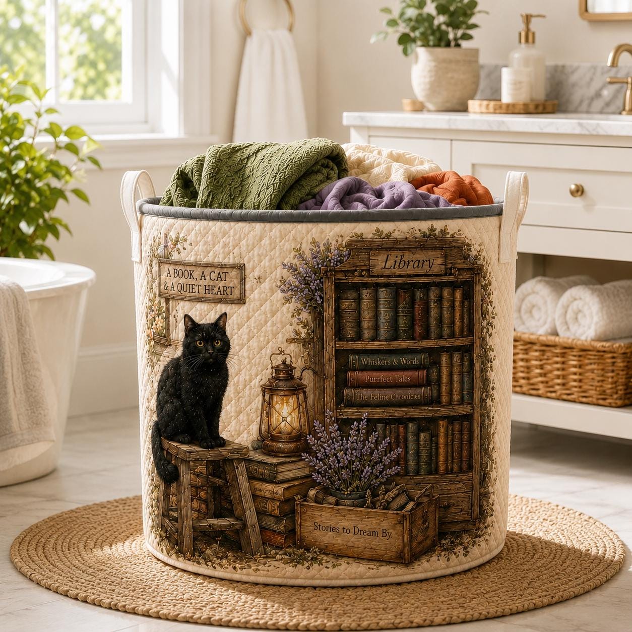 Cat Library Quilted Style Floral Laundry Basket And Storage Bin – Book Lover And Bookish Gifts For Reading Room - photo 9