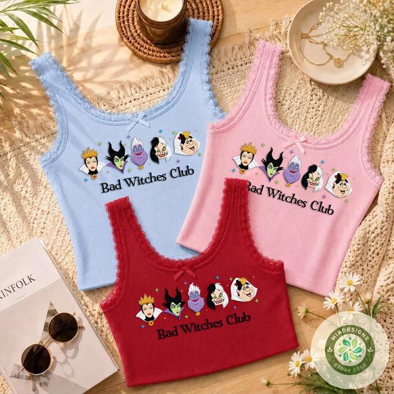 Embroidered Disney Villains Bad Witches Club T-Shirt Sweatshirt Hoodie with Maleficent Ursula and Cruella – Girls Trip Lace Trim Tank Top - photo 4