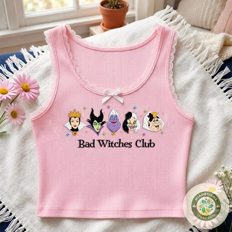 Embroidered Disney Villains Bad Witches Club T-Shirt Sweatshirt Hoodie with Maleficent Ursula and Cruella – Girls Trip Lace Trim Tank Top - photo 5