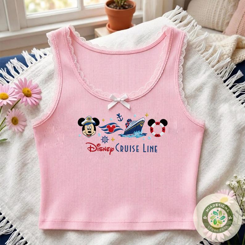 Embroidered Disney Cruise Line T-Shirt Crop Top Tank with Wish Dream Magic and Wonder – Mickey Cruise Family Lace Trim Tank Top - photo 3