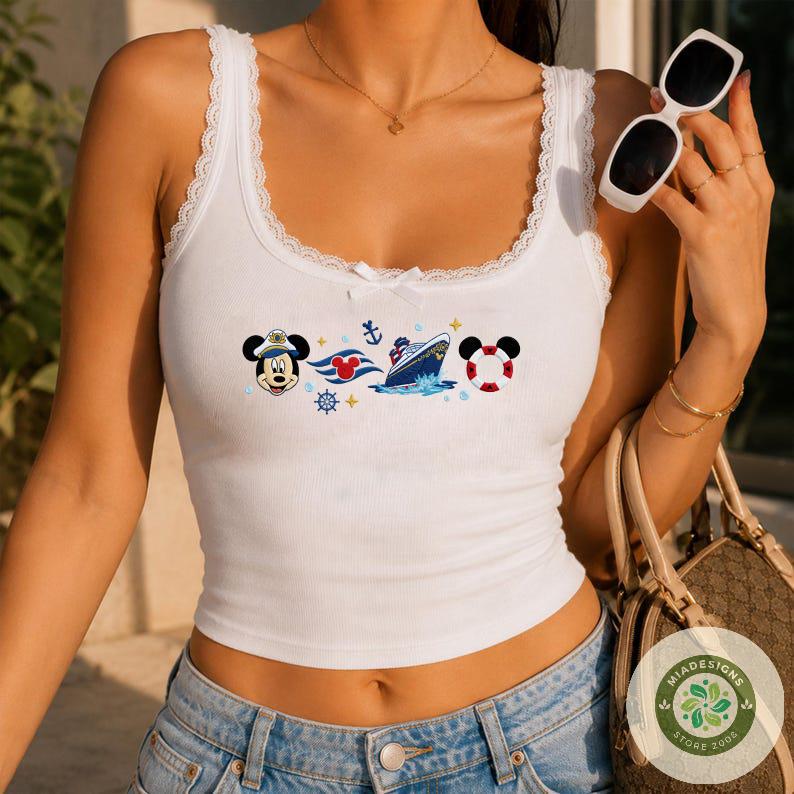 Embroidered Disney Cruise Line T-Shirt Crop Top Tank with Wish Dream Magic and Wonder – Mickey Cruise Family Lace Trim Tank Top - photo 6
