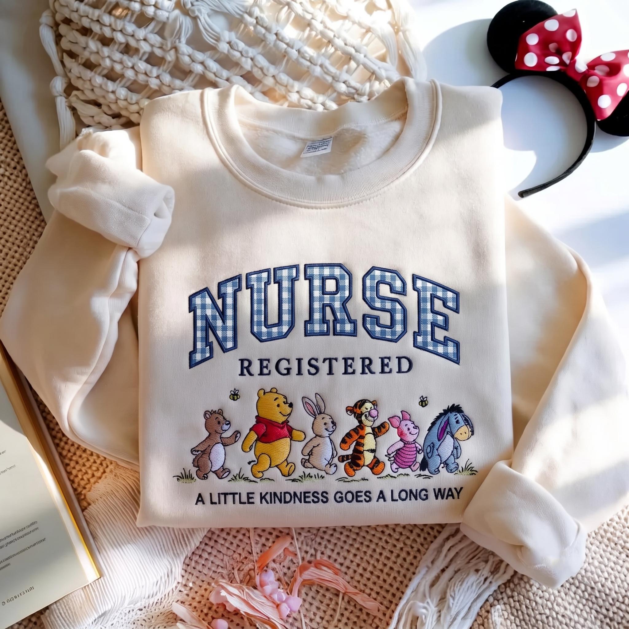 Winnie the Pooh Registered Nurse Embroidered Sweatshirt with Patch Letter – Disney Nursing School Shirt and Nurse Appreciation Gift