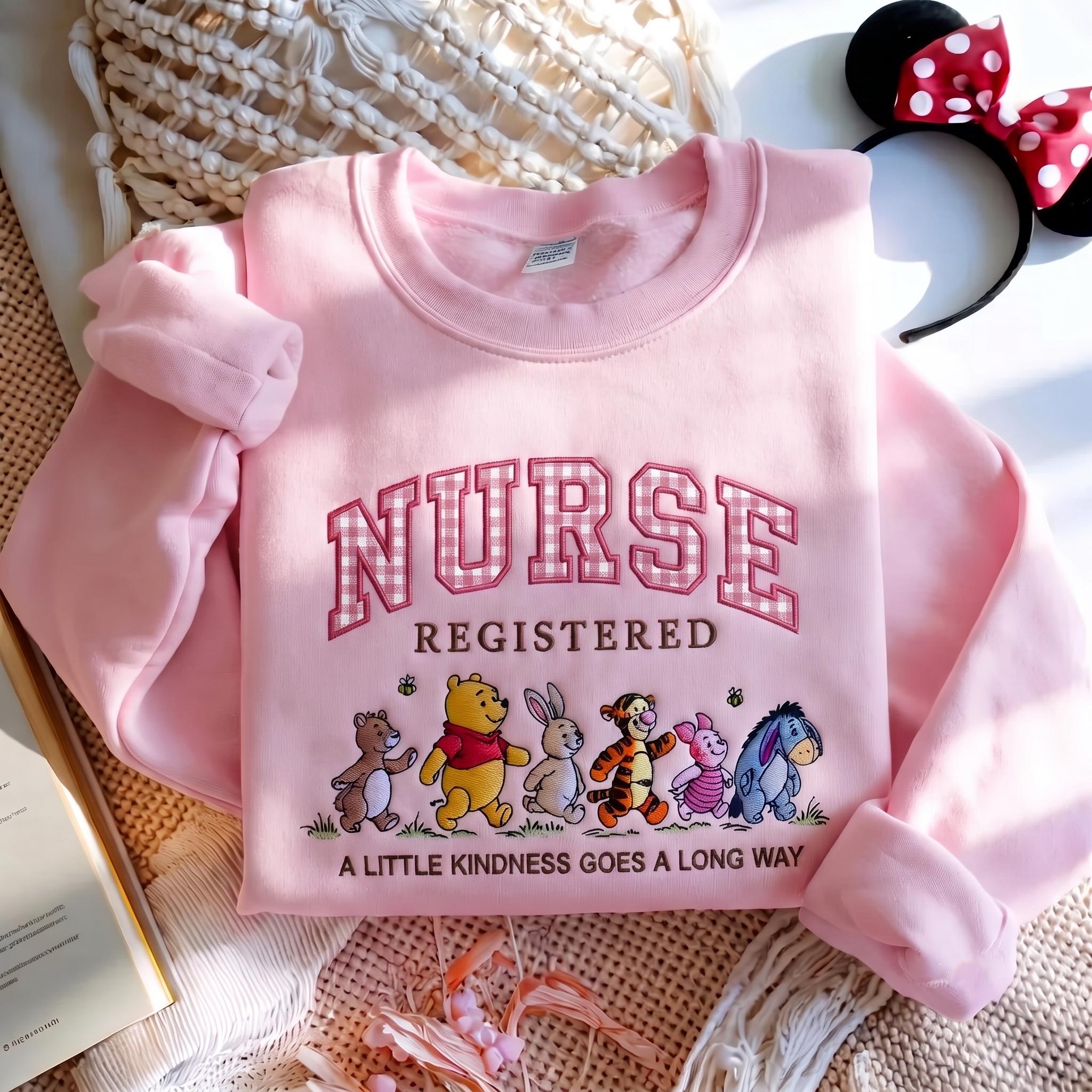 Winnie the Pooh Registered Nurse Embroidered Sweatshirt with Patch Letter – Disney Nursing School Shirt and Nurse Appreciation Gift