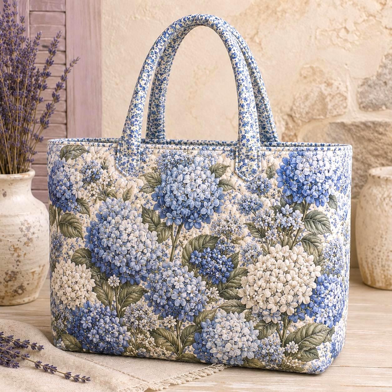 Floral Quilted Style Tote Bag and Botanical Flower Carryall with Lavender Hydrangea Wildflower Market Bag Cottagecore Gift for Mom
