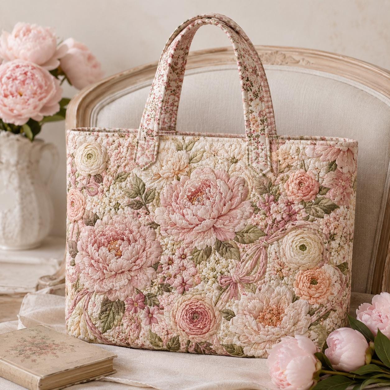 Floral Quilted Style Tote Bag and Botanical Flower Carryall with Lavender Hydrangea Wildflower Market Bag Cottagecore Gift for Mom - photo 5