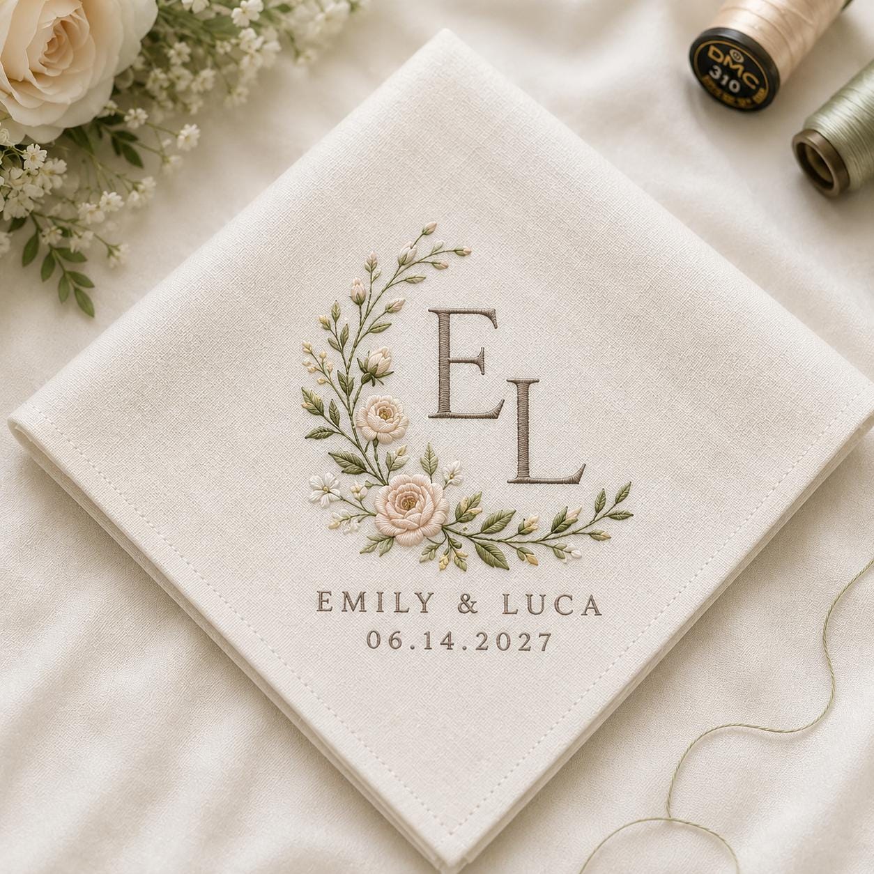 Embroidered Wedding Handkerchief with Personalized Floral Monogram Hankie and Custom Couple Name Date Keepsake Bridal Gift - photo 2