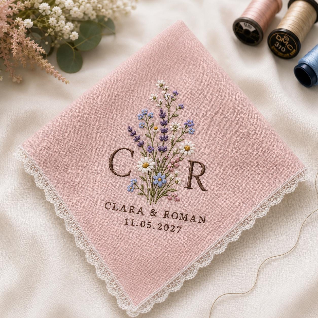 Embroidered Wedding Handkerchief with Personalized Floral Monogram Hankie and Custom Couple Name Date Keepsake Bridal Gift - photo 3