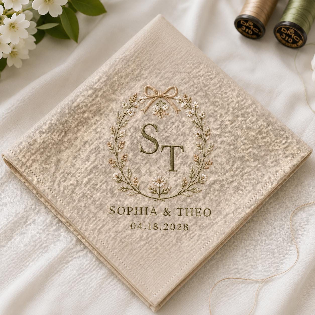 Embroidered Wedding Handkerchief with Personalized Floral Monogram Hankie and Custom Couple Name Date Keepsake Bridal Gift - photo 4