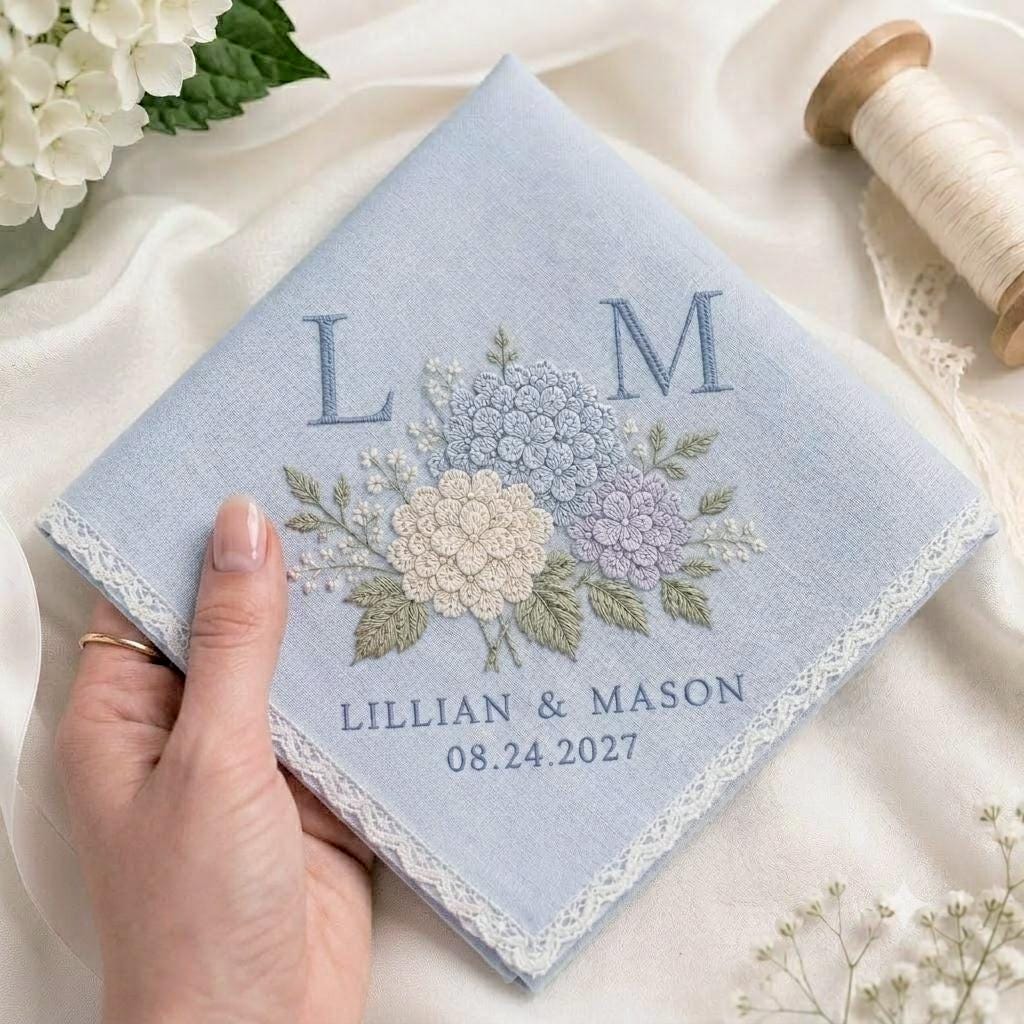 Embroidered Wedding Handkerchief with Personalized Hydrangea Lace Hankie and Custom Couple Initials Date Bridal Shower Gift