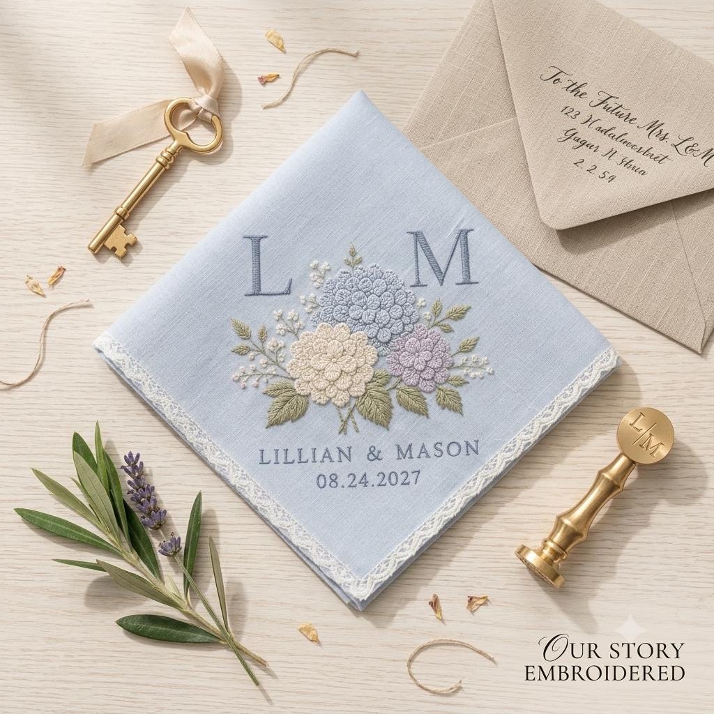 Embroidered Wedding Handkerchief with Personalized Hydrangea Lace Hankie and Custom Couple Initials Date Bridal Shower Gift - photo 2