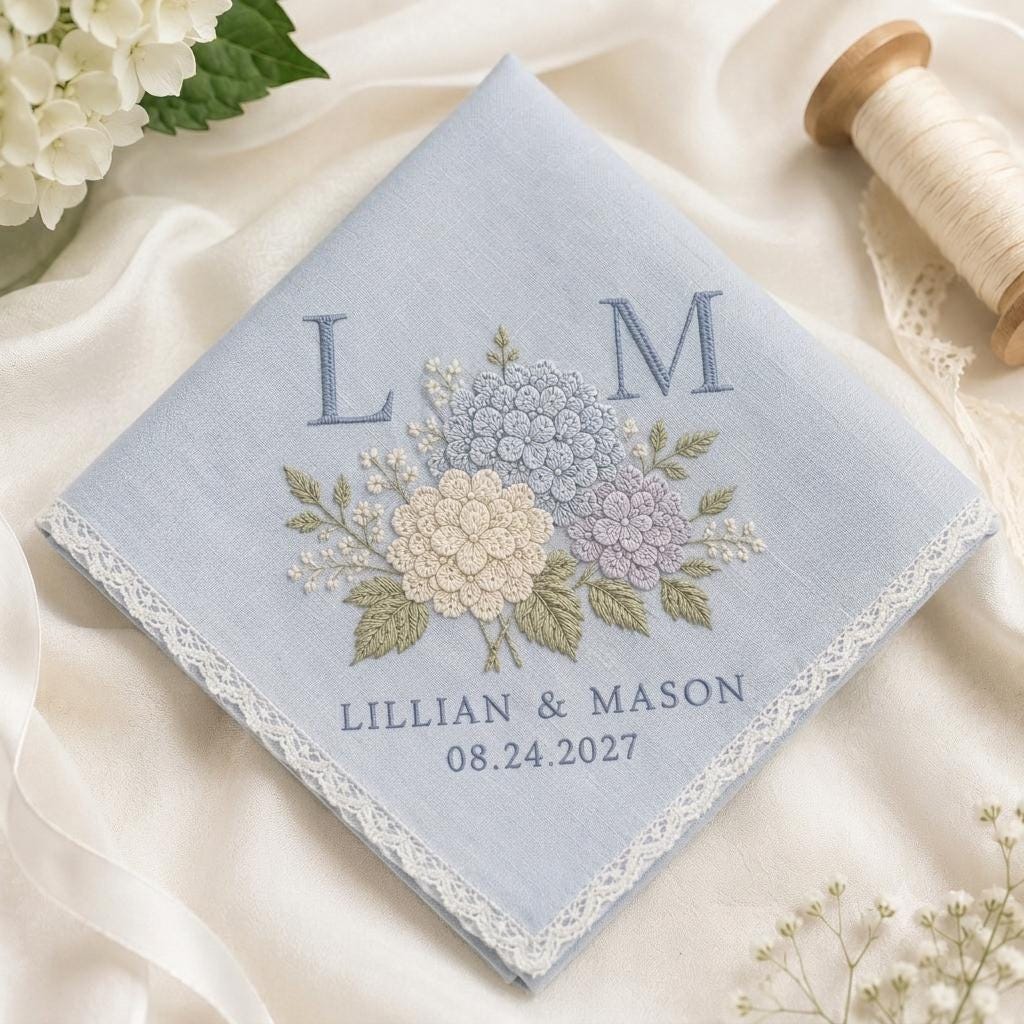 Embroidered Wedding Handkerchief with Personalized Hydrangea Lace Hankie and Custom Couple Initials Date Bridal Shower Gift - photo 7