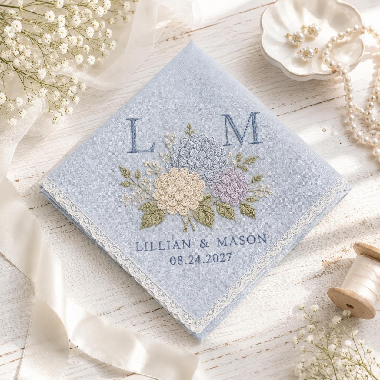 Embroidered Wedding Handkerchief with Personalized Hydrangea Lace Hankie and Custom Couple Initials Date Bridal Shower Gift - photo 8