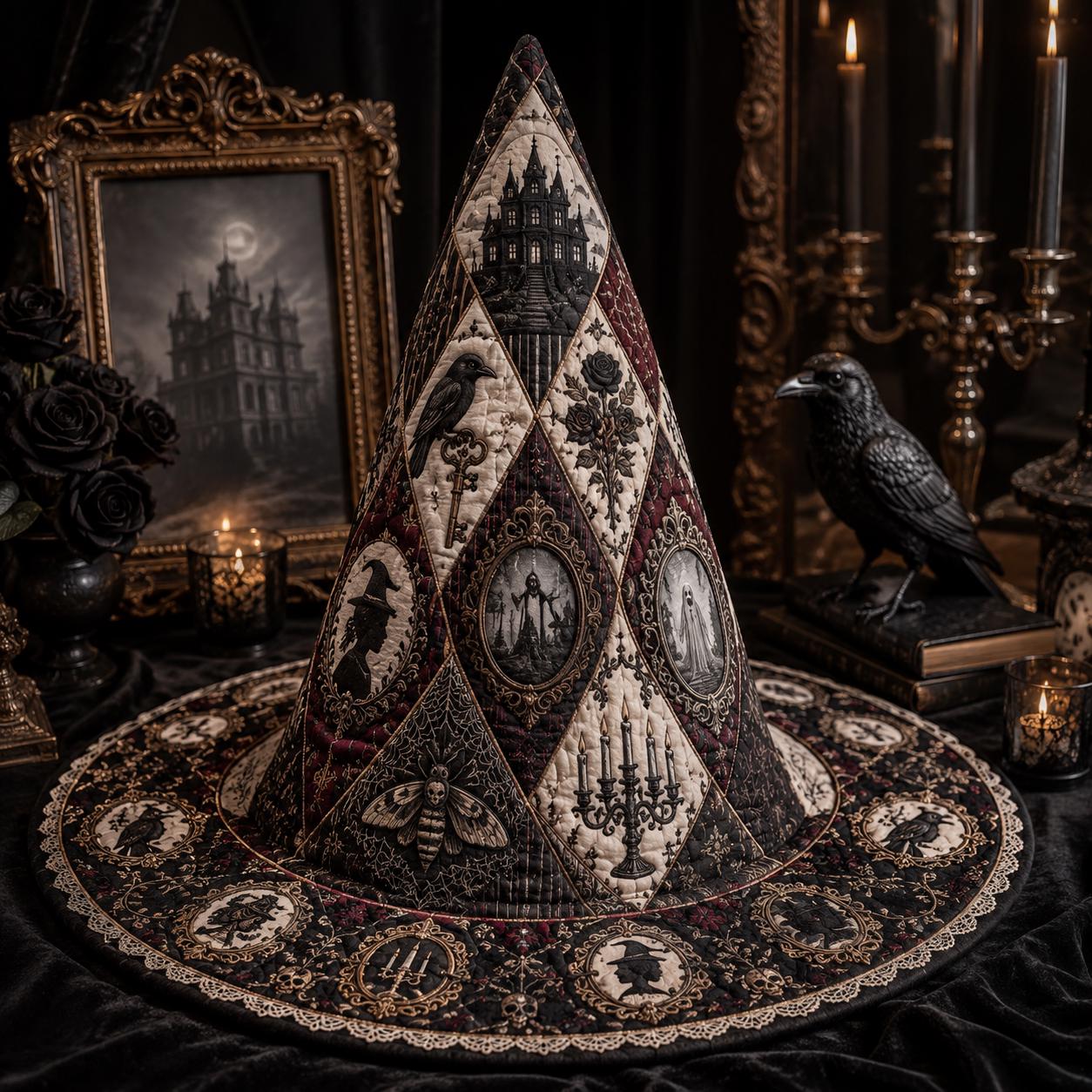 Victorian Gothic Quilted Style Witch Hat Decor and Table Decoration with Haunted Mansion Halloween Centerpiece, Raven Black Rose Fabric