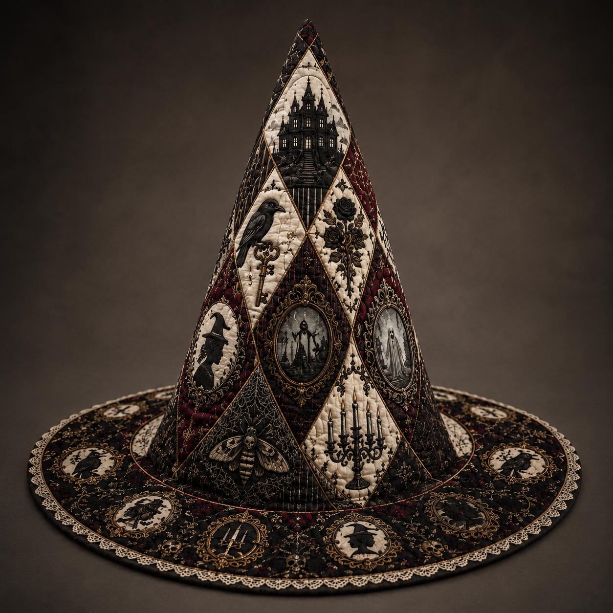 Victorian Gothic Quilted Style Witch Hat Decor and Table Decoration with Haunted Mansion Halloween Centerpiece, Raven Black Rose Fabric - photo 2