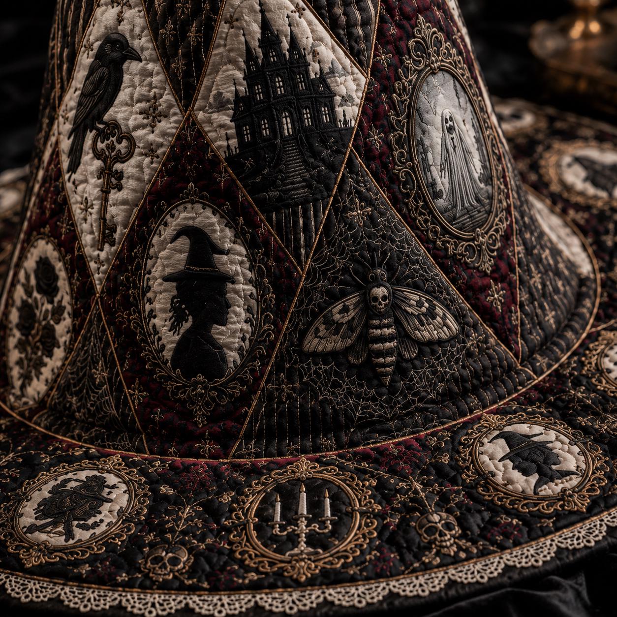 Victorian Gothic Quilted Style Witch Hat Decor and Table Decoration with Haunted Mansion Halloween Centerpiece, Raven Black Rose Fabric - photo 3