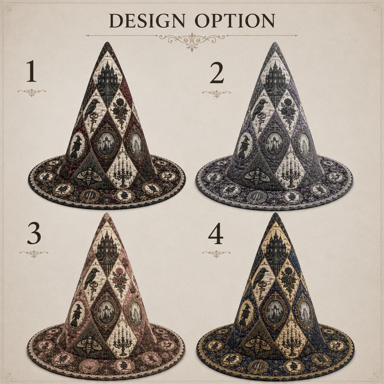 Victorian Gothic Quilted Style Witch Hat Decor and Table Decoration with Haunted Mansion Halloween Centerpiece, Raven Black Rose Fabric - photo 4