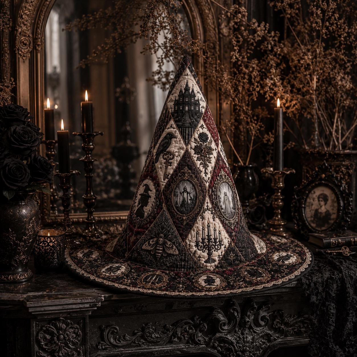 Victorian Gothic Quilted Style Witch Hat Decor and Table Decoration with Haunted Mansion Halloween Centerpiece, Raven Black Rose Fabric - photo 5