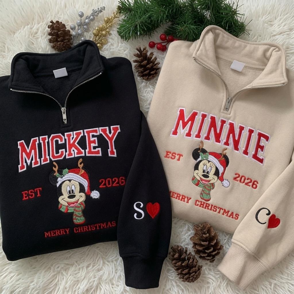 Embroidered Mickey and Minnie Christmas Quarter Zip Sweatshirt for Couples – Matching Disney Xmas 2026 Holiday Pullover Shirts