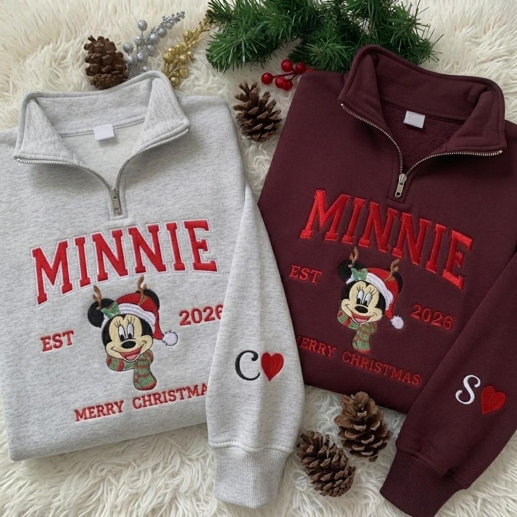 Embroidered Mickey and Minnie Christmas Quarter Zip Sweatshirt for Couples – Matching Disney Xmas 2026 Holiday Pullover Shirts - photo 2