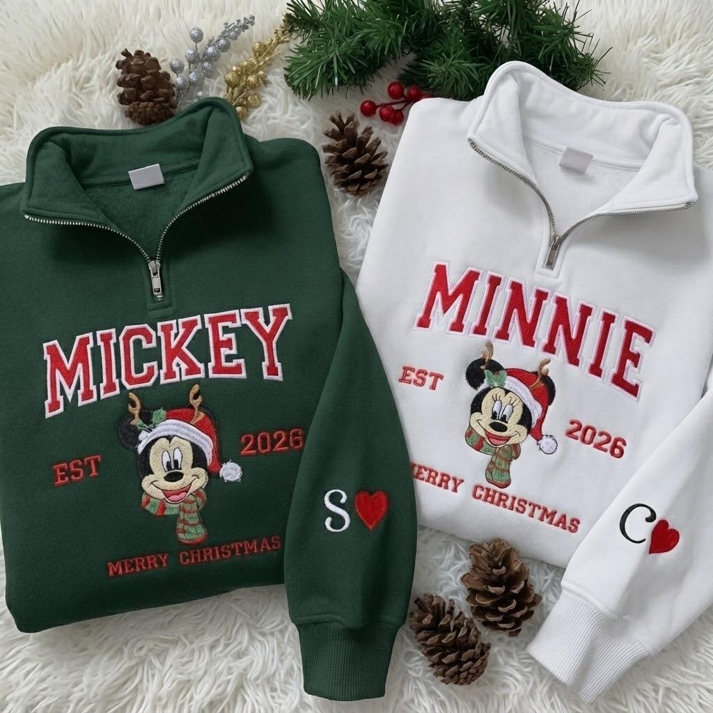 Embroidered Mickey and Minnie Christmas Quarter Zip Sweatshirt for Couples – Matching Disney Xmas 2026 Holiday Pullover Shirts - photo 3