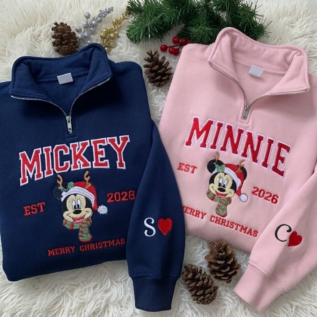 Embroidered Mickey and Minnie Christmas Quarter Zip Sweatshirt for Couples – Matching Disney Xmas 2026 Holiday Pullover Shirts - photo 4