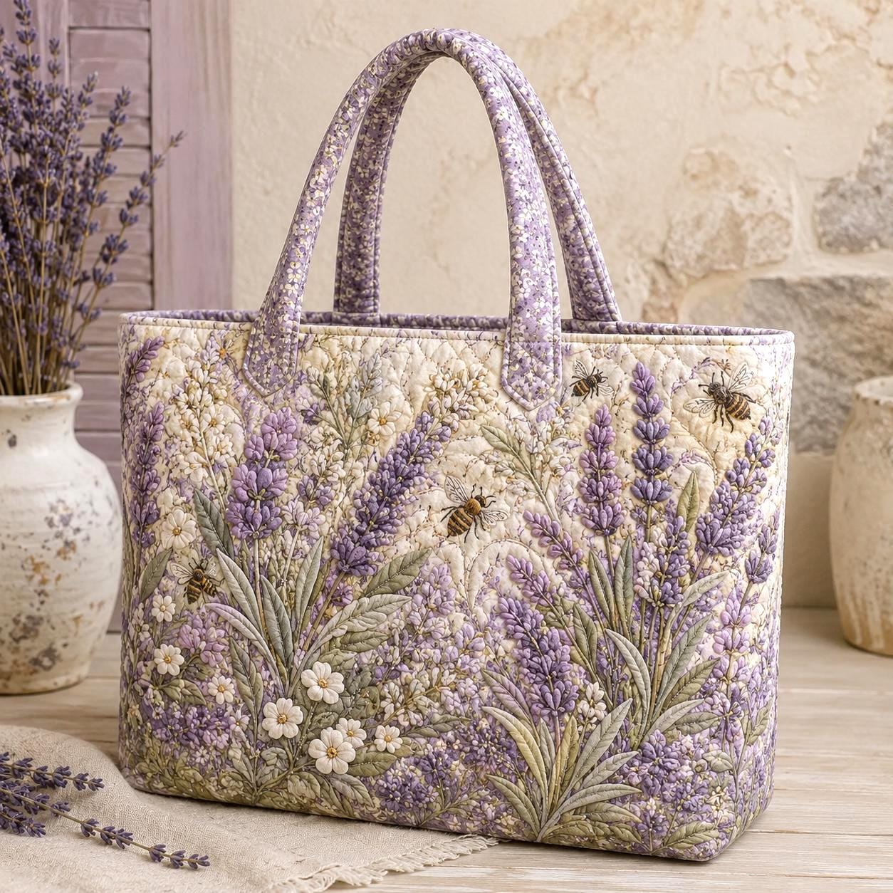 Vintage Floral Quilted Style Tote and Pink Peony Lavender Wildflower Hydrangea Shoulder Bag with Botanical Everyday Carryall for Women