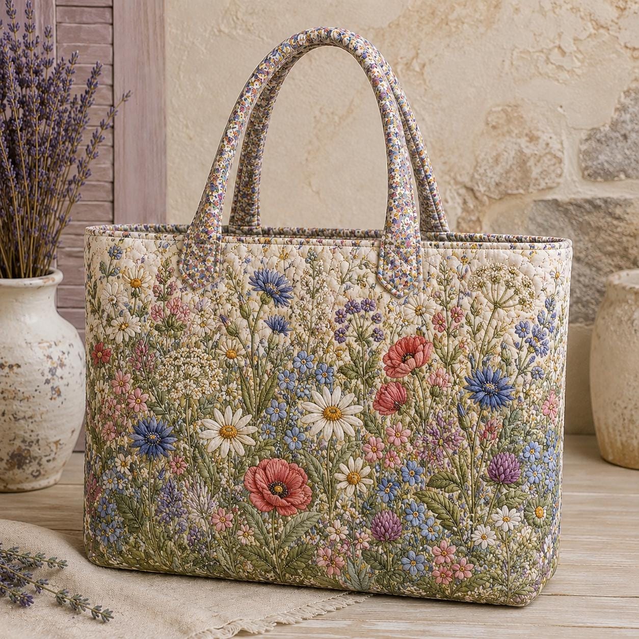 Vintage Floral Quilted Style Tote and Pink Peony Lavender Wildflower Hydrangea Shoulder Bag with Botanical Everyday Carryall for Women - photo 3