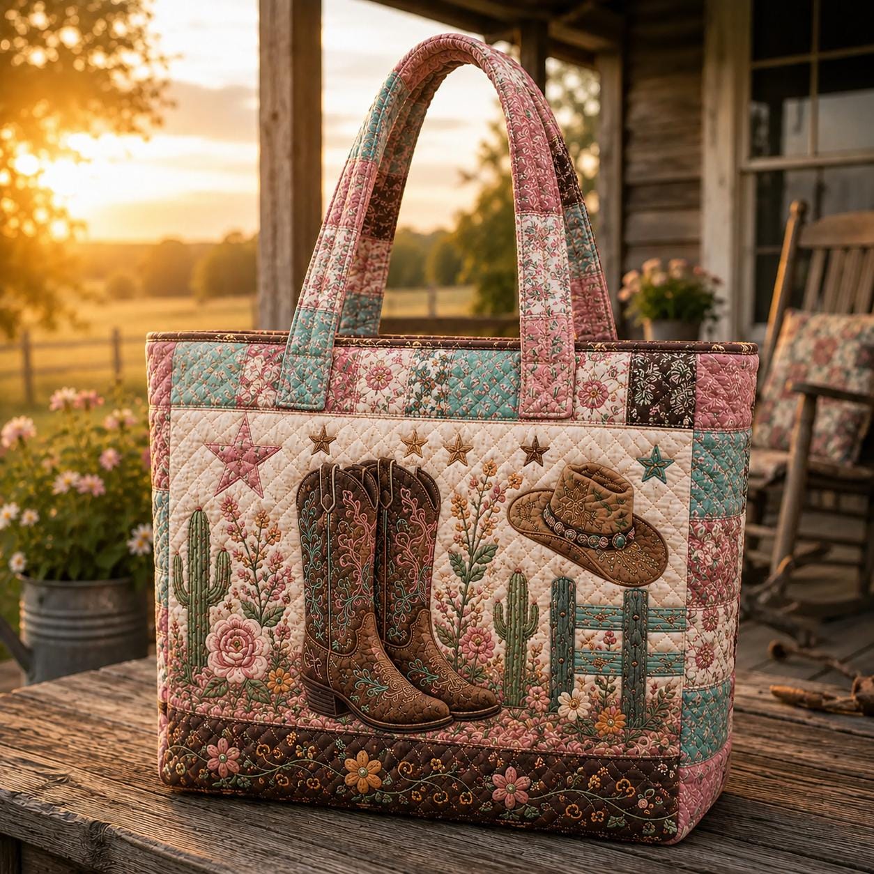 Cowgirl Quilted Style Tote Bag with Cowboy Boots and Floral Patchwork – Western Rustic Country Shoulder Purse Bag Gift for Her