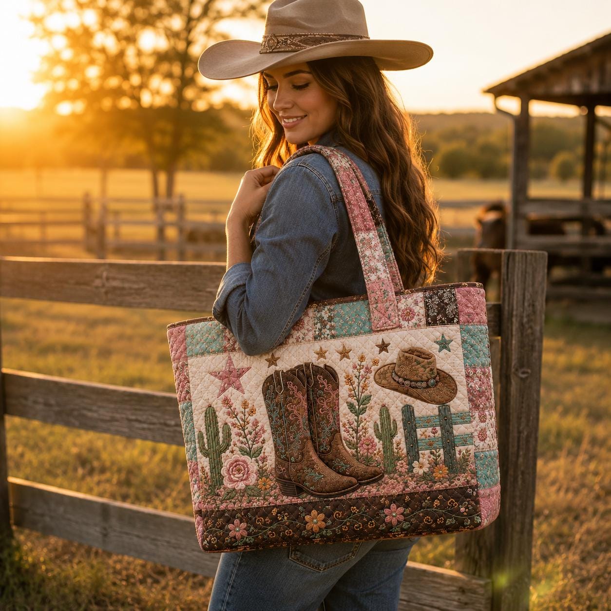Cowgirl Quilted Style Tote Bag with Cowboy Boots and Floral Patchwork – Western Rustic Country Shoulder Purse Bag Gift for Her - photo 2