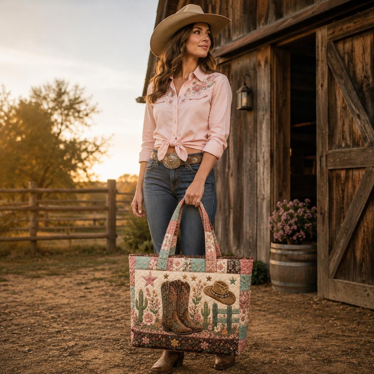 Cowgirl Quilted Style Tote Bag with Cowboy Boots and Floral Patchwork – Western Rustic Country Shoulder Purse Bag Gift for Her - photo 3